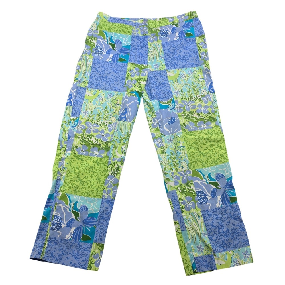 Vintage Lilly Pulitzer Patchwork Crop Pants Womens 4 Blue Green Floral Lion Y2K